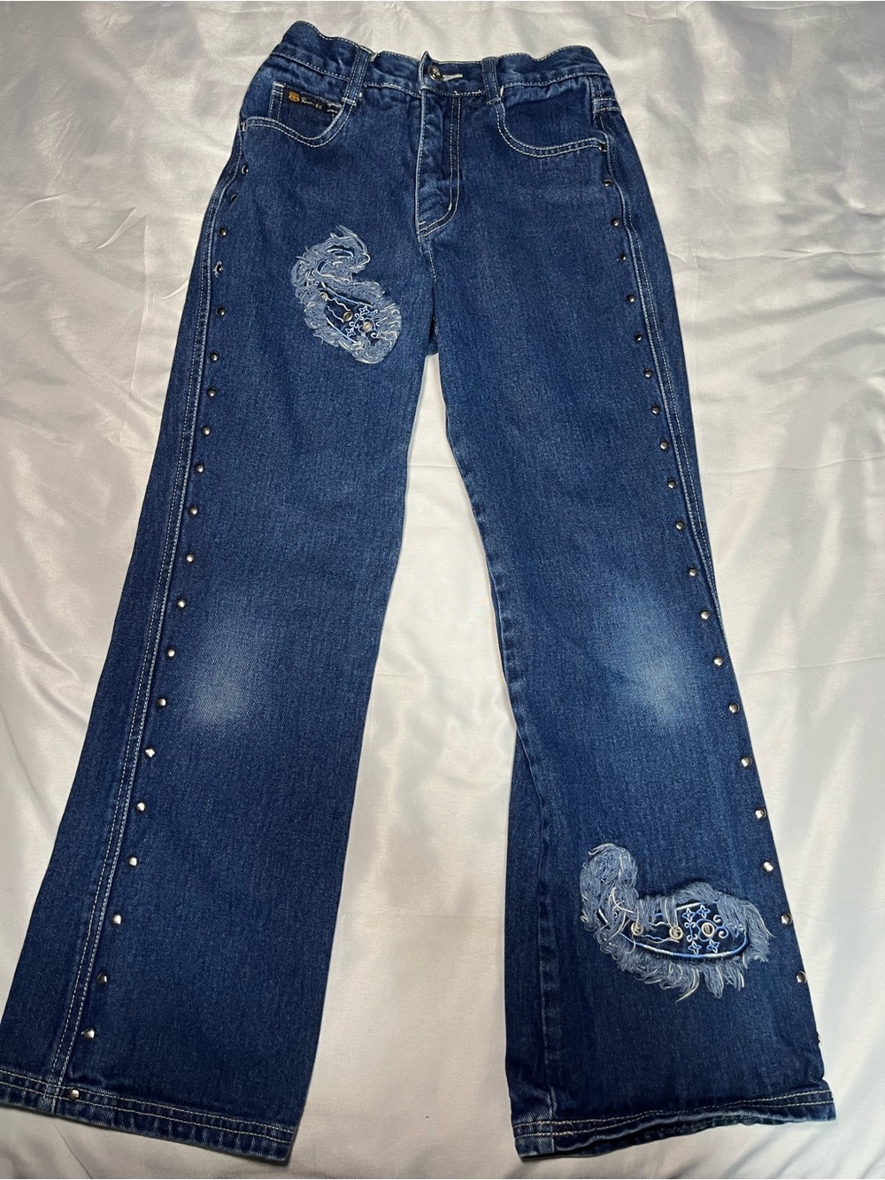 VTG Route 66 Girls Size 10 Embroidered Yin Yang Flare Jeans Y2K Blue Denim